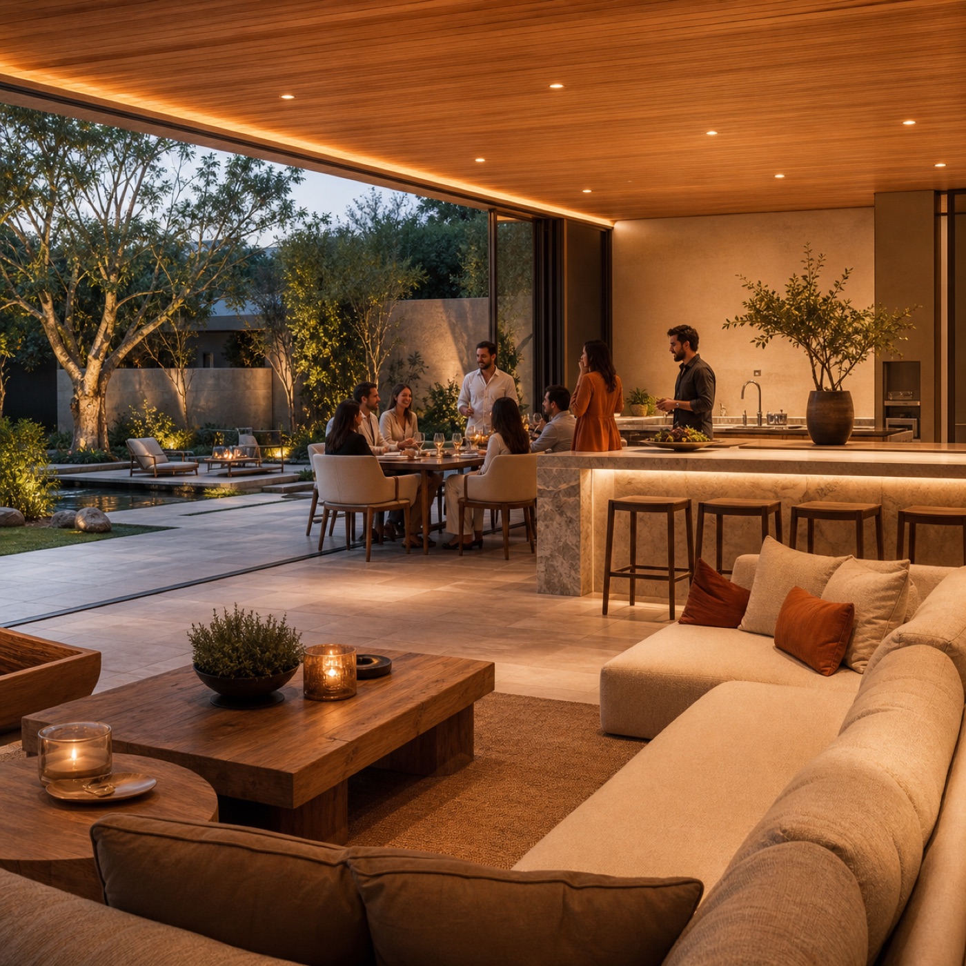 Ambiente gourmet de alto padrão com áudio invisível integrado à arquitetura e ao jardim.