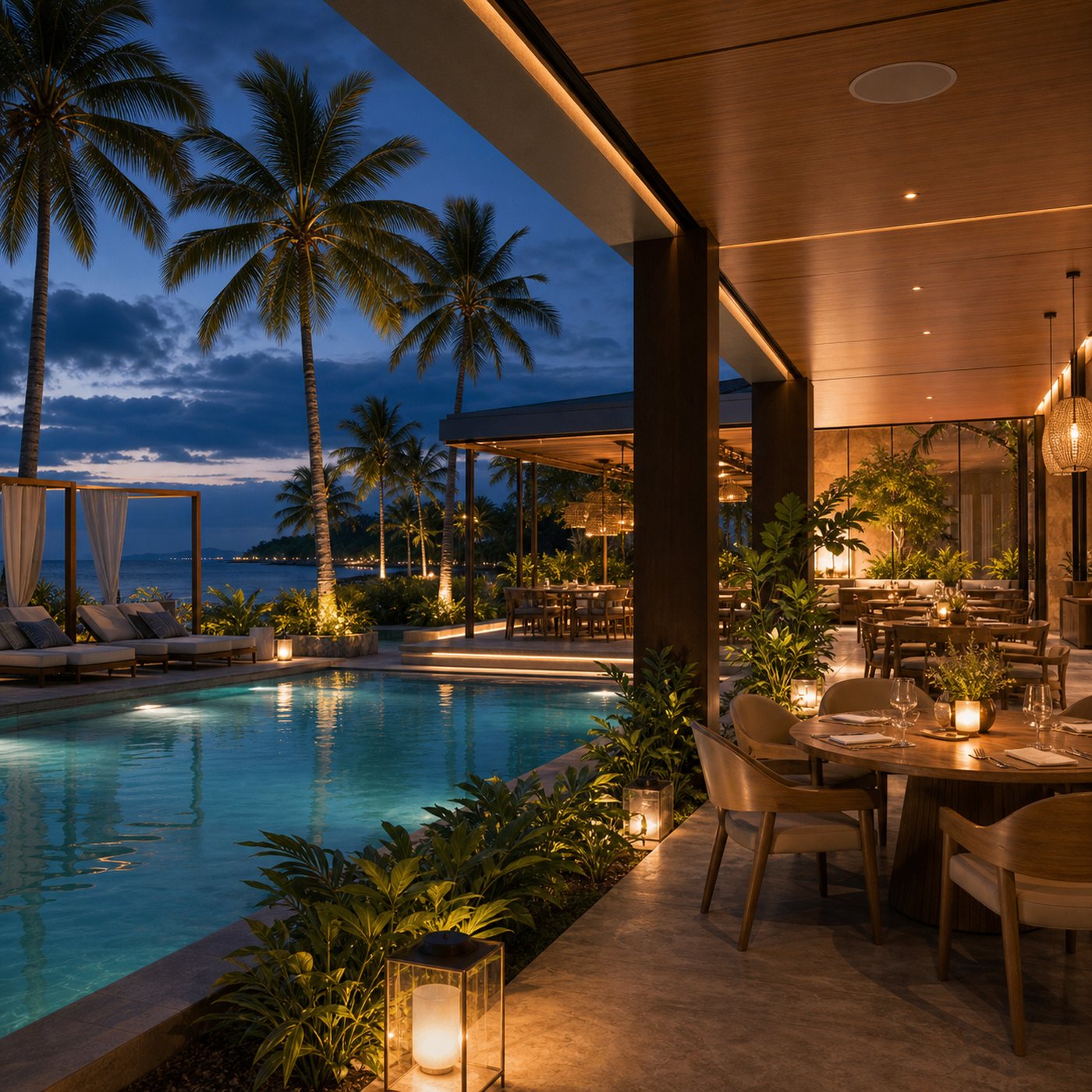 Automação de alto nível em hotelaria e resorts com som ambiente, Wi-Fi e climatização.