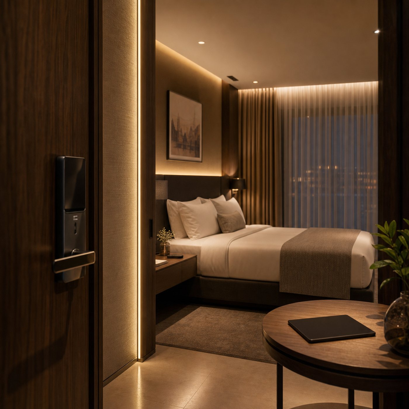 Quarto automatizado para hotelaria com integração Lutron myRoom.