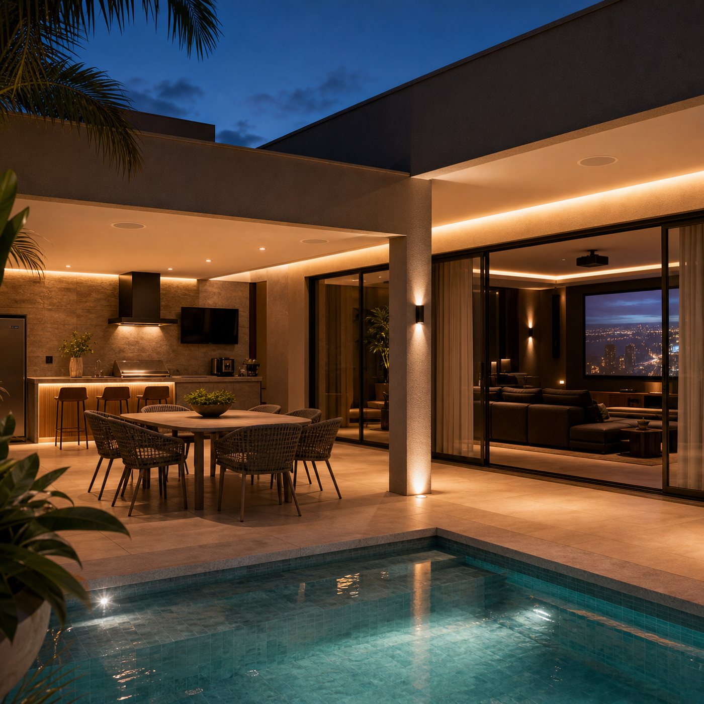 Som ambiente para área gourmet e sala de cinema integrada à automação residencial.