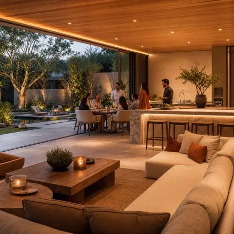 Ambiente gourmet de alto padrão com áudio invisível integrado à arquitetura e ao jardim.