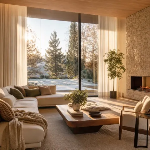 Sala de alto padrão aquecida pela luz natural com cortinas automatizadas abertas no inverno.