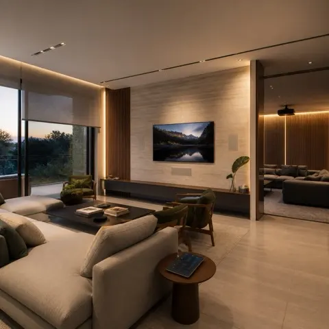 Showroom de automação residencial com iluminação, áudio e vídeo integrados em ambiente de alto padrão.