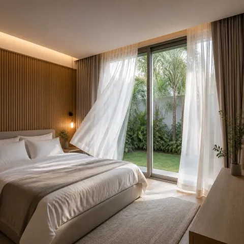 Quarto de alto padrão ao amanhecer com cortinas abertas e iluminação suave integrada à automação.