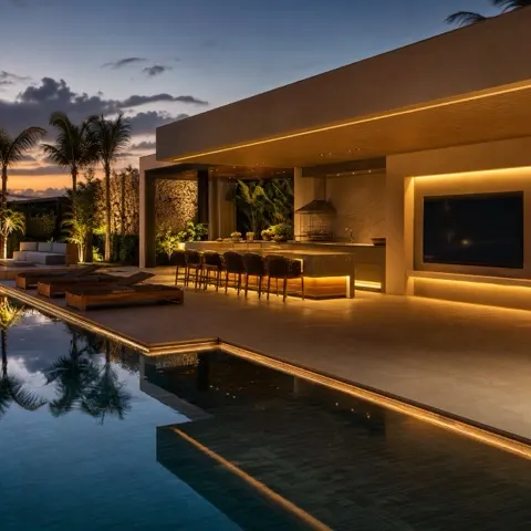 Cena festa com áudio invisível, telão embutido e automação residencial de alto padrão.