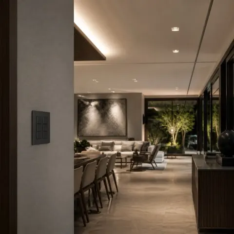 Ambiente residencial com cenas de iluminação controladas por keypad discreto na parede.