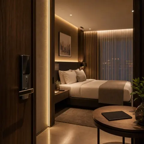 Quarto automatizado para hotelaria com integração Lutron myRoom.