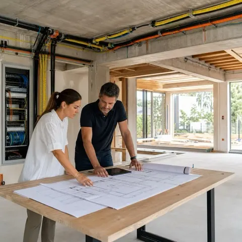 Arquiteta e integrador planejando automação, rede e infraestrutura tecnológica durante a obra.