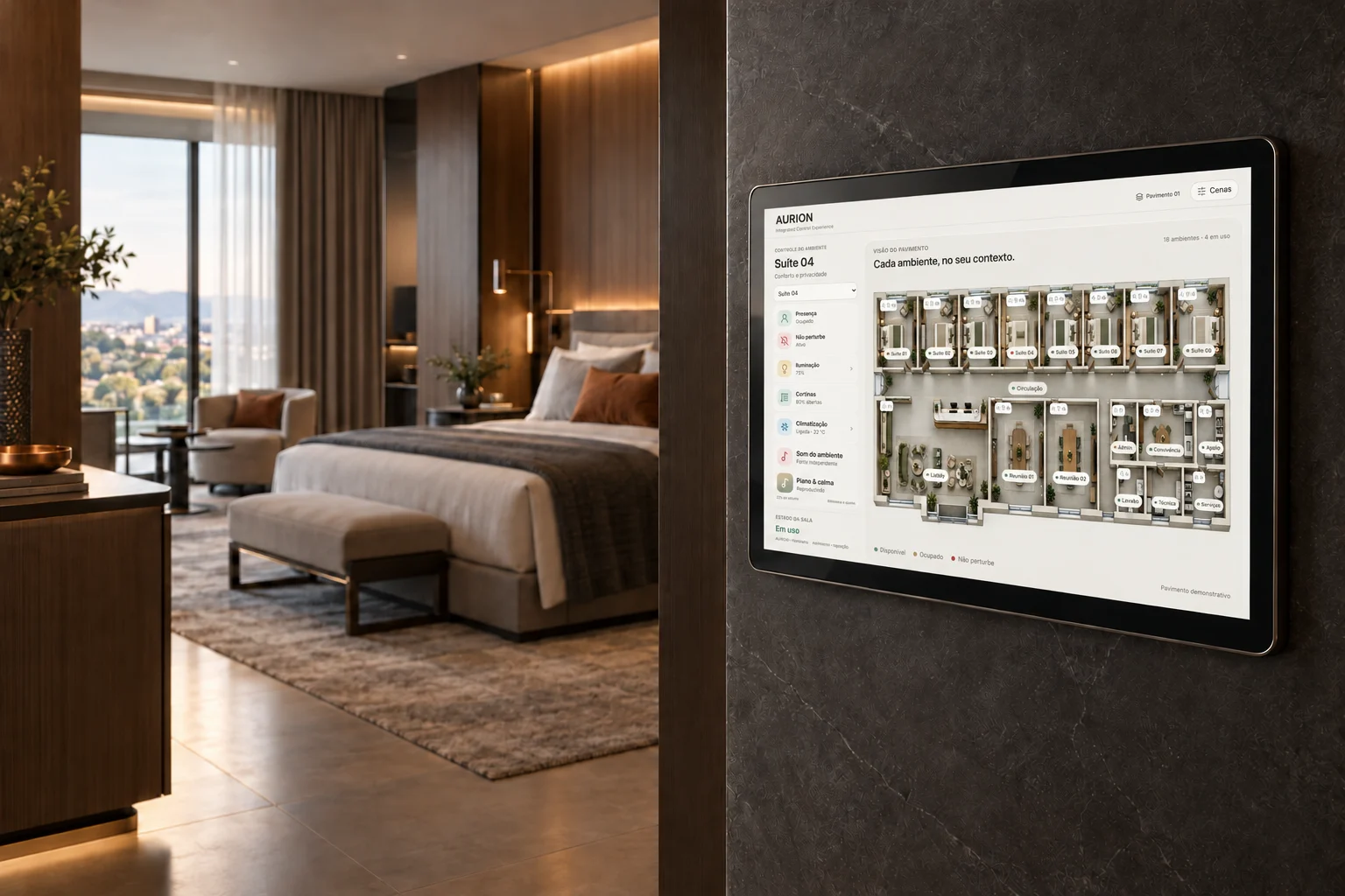Visualização de uma suíte de hotel com painel AURION Touch integrado à arquitetura