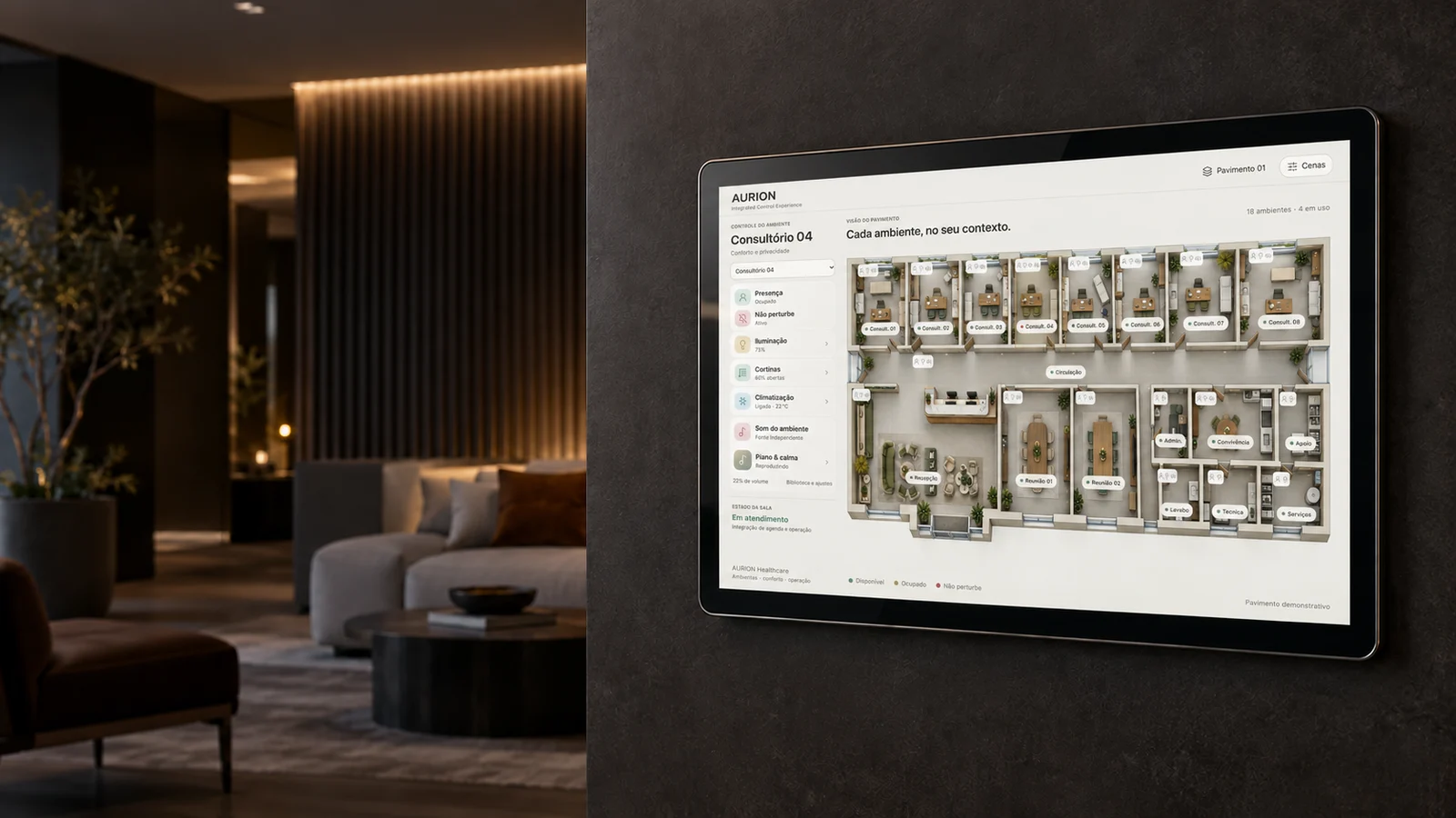 Visualização conceitual do dispositivo AURION Touch de 15 polegadas com interface de controle de um pavimento