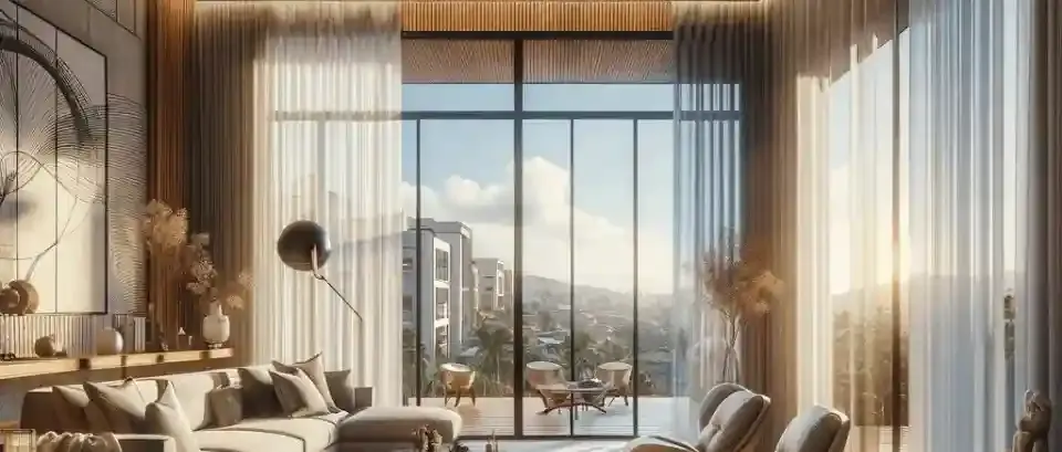 Sala com cortinas automatizadas integradas ao controle solar do imóvel